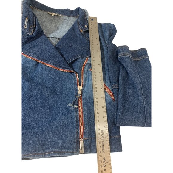 Cropped Moto Denim Jacket With Asymmetrical Zipper For Women Size 6 Small - Picture 7 of 9